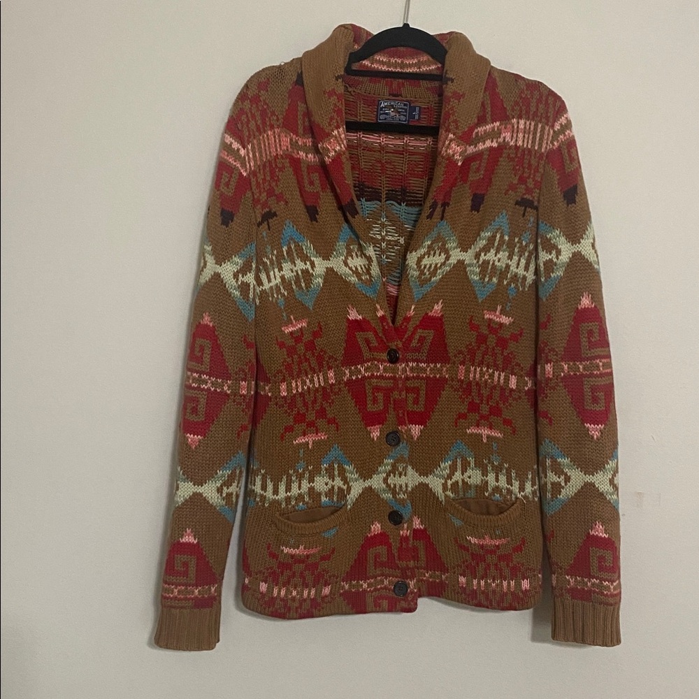 Vintage American Living Knit Sweater cardigan red Aztec unisex L button down Y2K